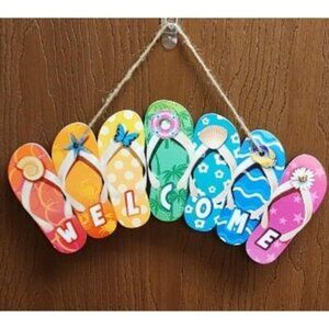 New Summer Slippers Hanging Sign Shape Welcome Hello Flip Flop Wooden Door